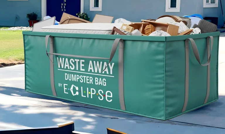 "Eclipse Waste Away dumpster bag filled with household items on driveway."